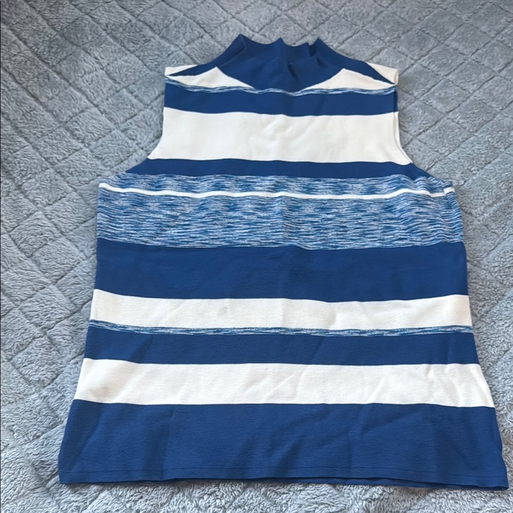 Nine West Blue and White Ribbed Tank Top with Mandarin Collar